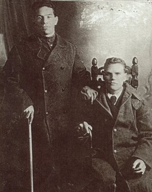 I do not know the story behind
                                  this photo or where it was taken other
                                  than it was in the early stages of the
                                  First World War and both brothers were
                                  on sick leave. Walter is wearing a tie
                                  (it would have been red) which would
                                  indicate he was a hospital patient and
                                  both have sticks. There was a severe
                                  epidemic of flu sweeping Europe at
                                  that time. This photograph was sent to
                                  me by my mother's cousin, Anthony
                                  Brown, a nephew of Thomas and Walter
                                  Wilson. Anthony devoted much time
                                  tracing the footsteps of Walter Wilson
                                  who tragically was unable to keep up
                                  with his patrol in the desert when his
                                  camel became lame. It was concluded he
                                  had been killed by the enemy. His name
                                  appears on a monument in Jerusalem. 